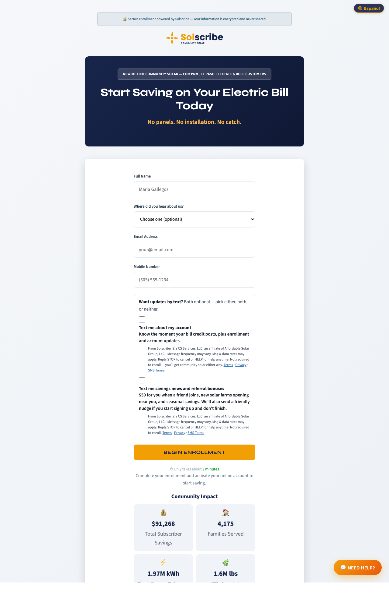 Solscribe direct enrollment form at solscribenm.com/enroll, step 1: phone field with both SMS consent checkboxes unchecked