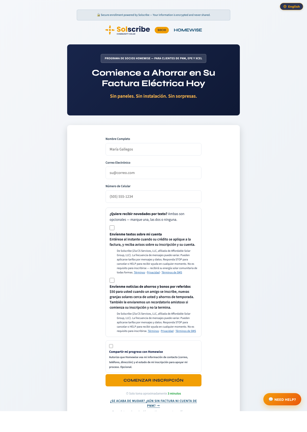 Solscribe Spanish enrollment form, step 1 on desktop: mobile number field with both SMS consent checkboxes unchecked