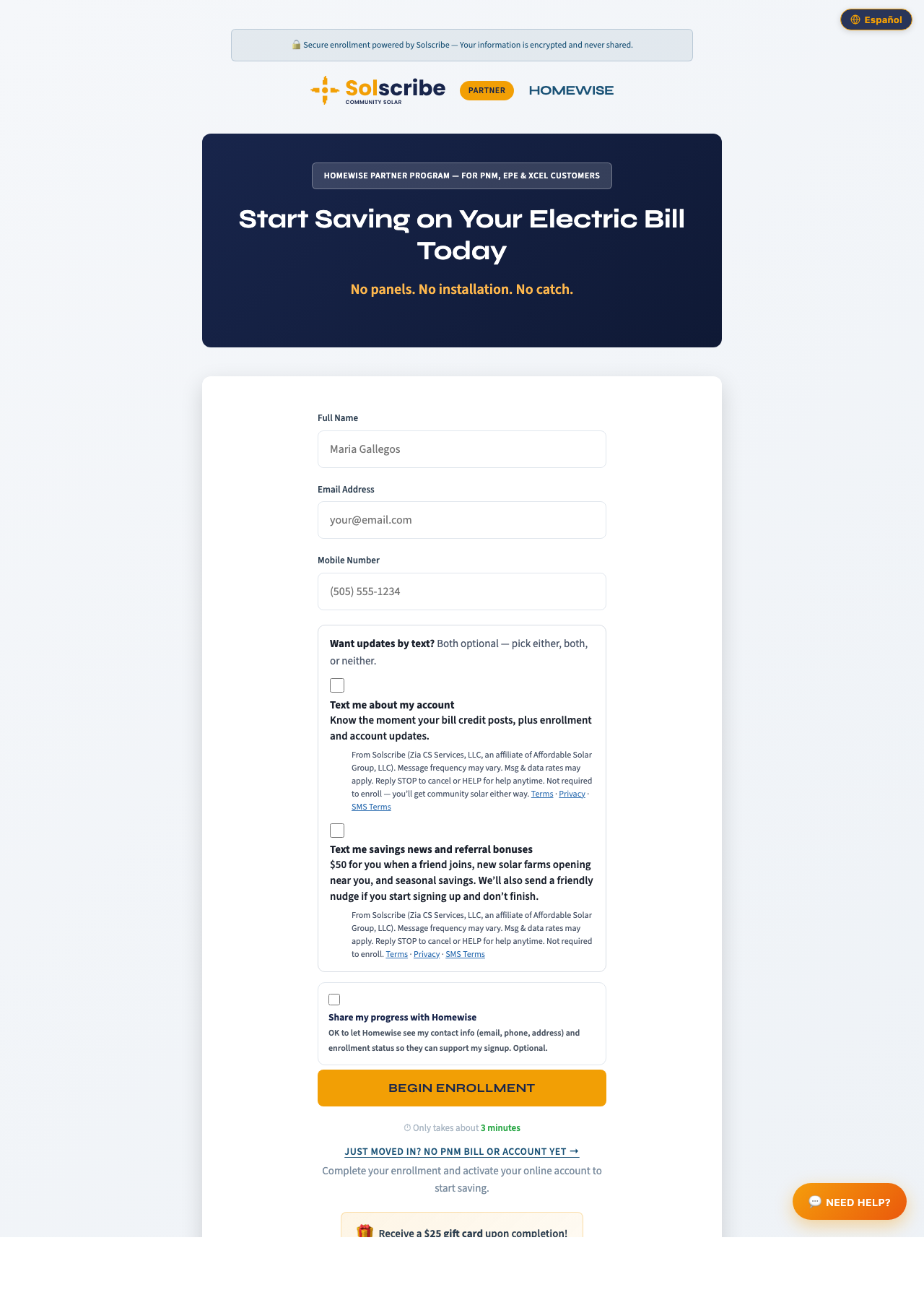 Solscribe enrollment form, step 1 on desktop: Mobile Number field with both SMS consent checkboxes unchecked, above the Begin Enrollment button
