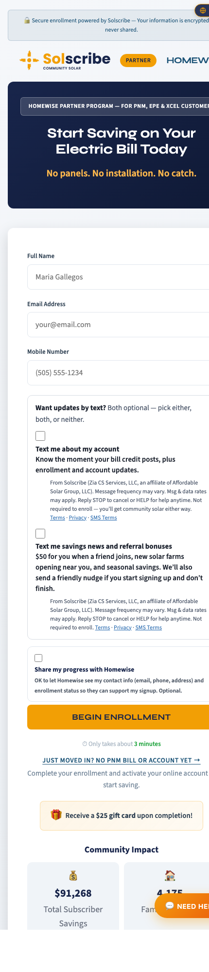 Solscribe enrollment form, step 1 on mobile: Mobile Number field with both SMS consent checkboxes unchecked
